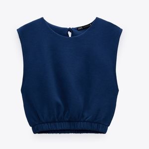 Zara Blue Crop Elastic Hem Top Medium